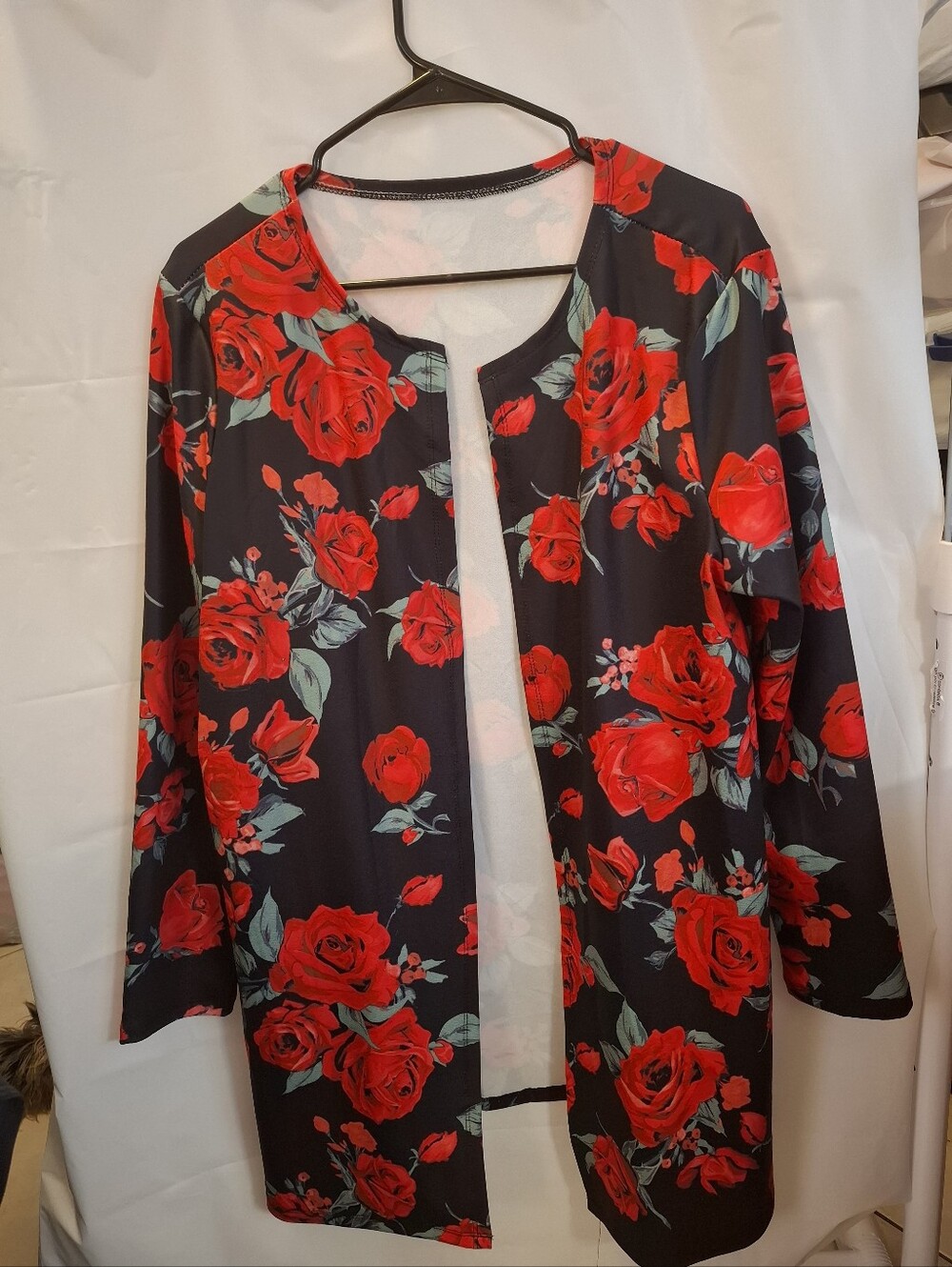 Women's Open Front Floral Jacket - Red Rose Print size XL